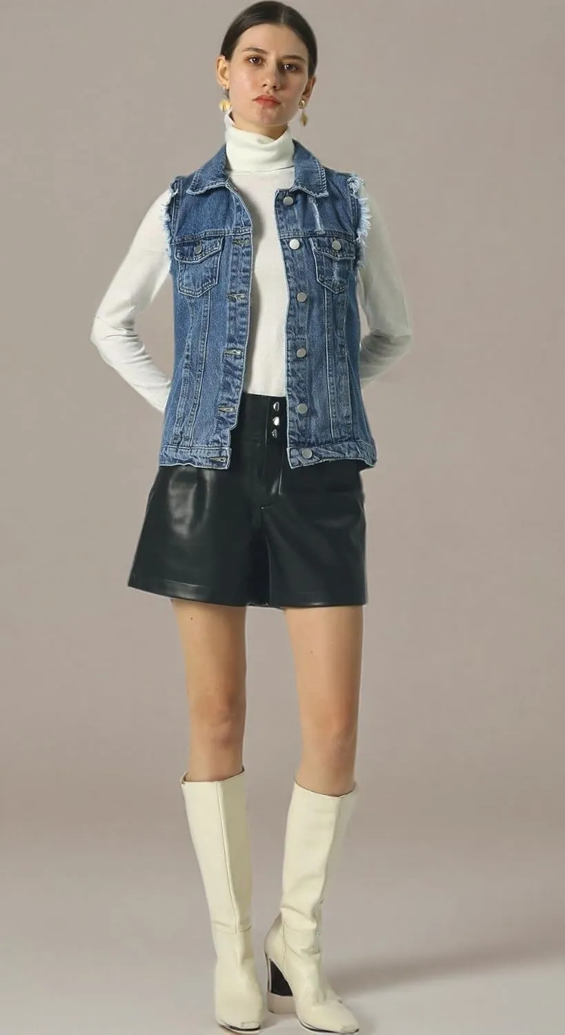 loveimgs Women's Fashion Sleeveless Regular Fit Lightweight Button Front Candy Color Ripped Denim Vest Jacket Pockets
