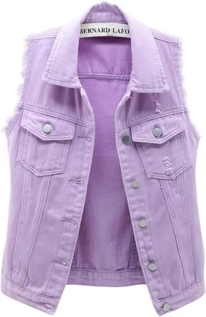 loveimgs Women's Fashion Sleeveless Regular Fit Lightweight Button Front Candy Color Ripped Denim Vest Jacket Pockets