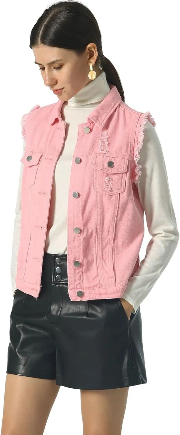 loveimgs Women's Fashion Sleeveless Regular Fit Lightweight Button Front Candy Color Ripped Denim Vest Jacket Pockets