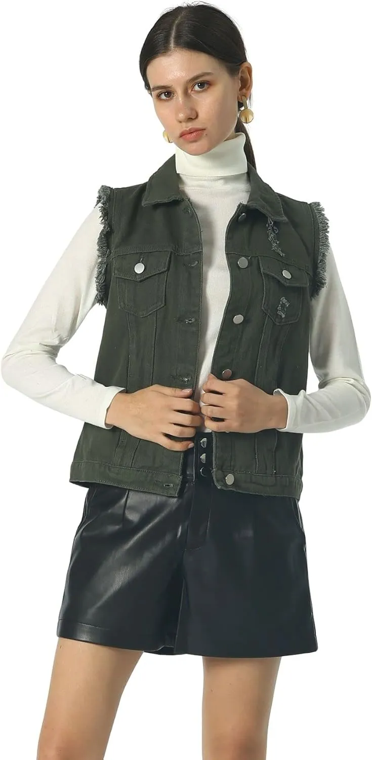 loveimgs Women's Fashion Sleeveless Regular Fit Lightweight Button Front Candy Color Ripped Denim Vest Jacket Pockets