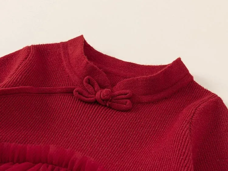 Maeve Elegant Red Tulle Sweater Dress