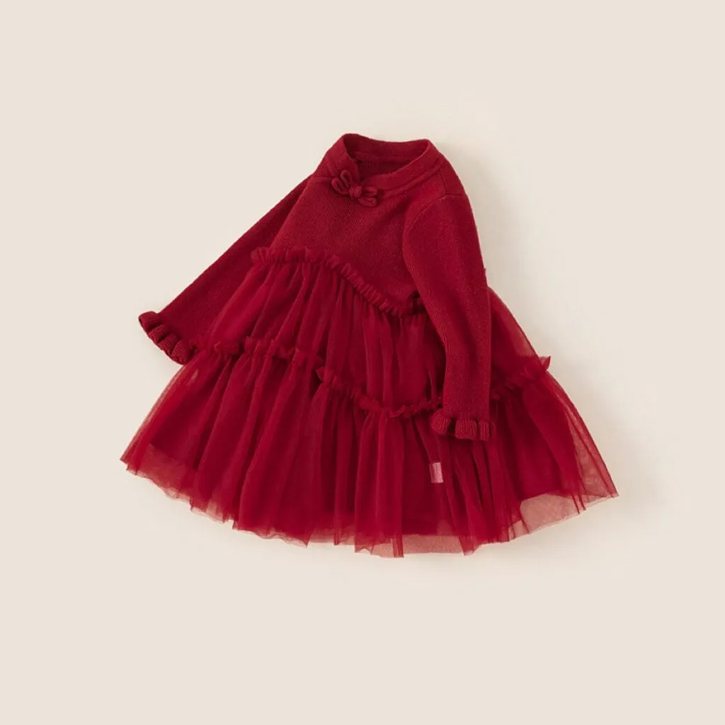 Maeve Elegant Red Tulle Sweater Dress