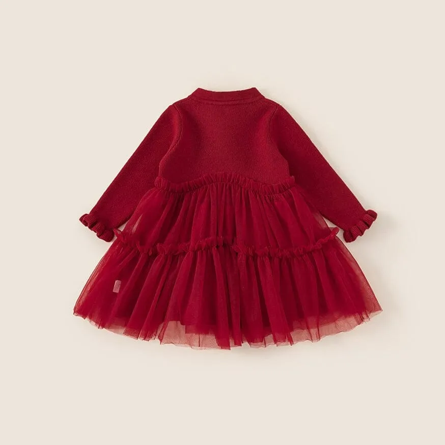 Maeve Elegant Red Tulle Sweater Dress