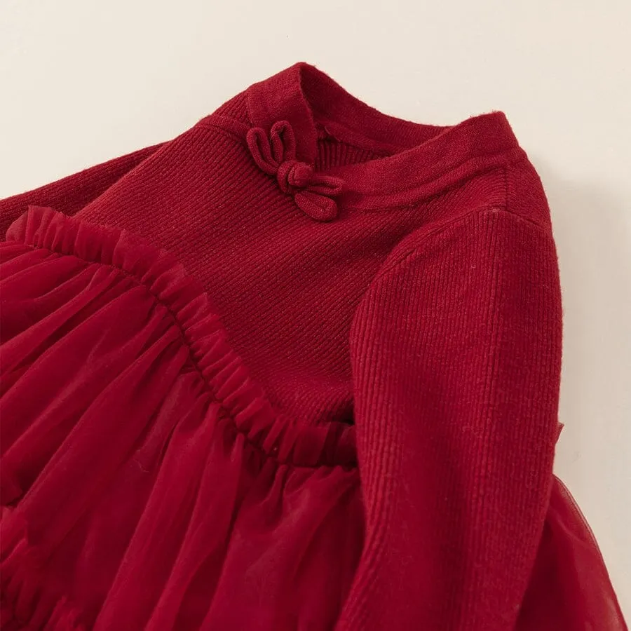 Maeve Elegant Red Tulle Sweater Dress