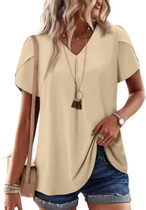 Magritta Womens Tops Dressy Casual Short Sleeve Pleated Tshirt 2025 Summer Loose Fitting Blouse Fashion V Neck Business Shirt