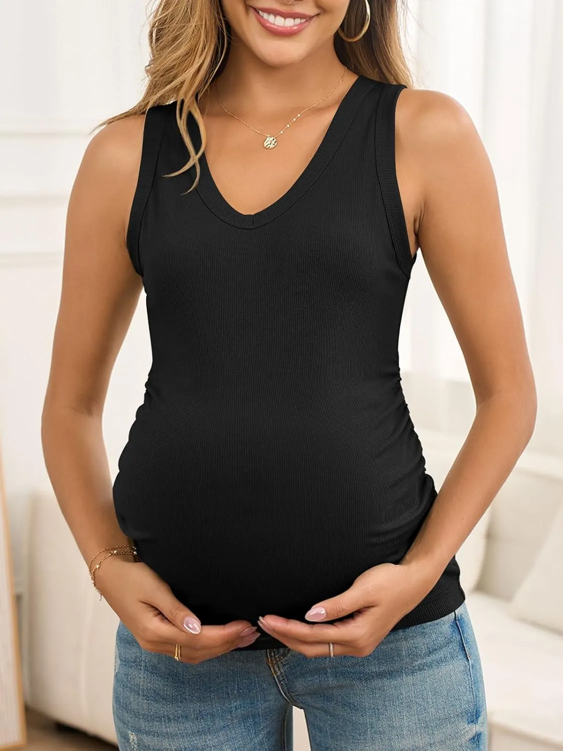 Maternity Tank Tops for Women Summer Sleeveless V Neck Ribbed Knit Slim Fitted Blouse Side Ruched Pregnancy Shirts