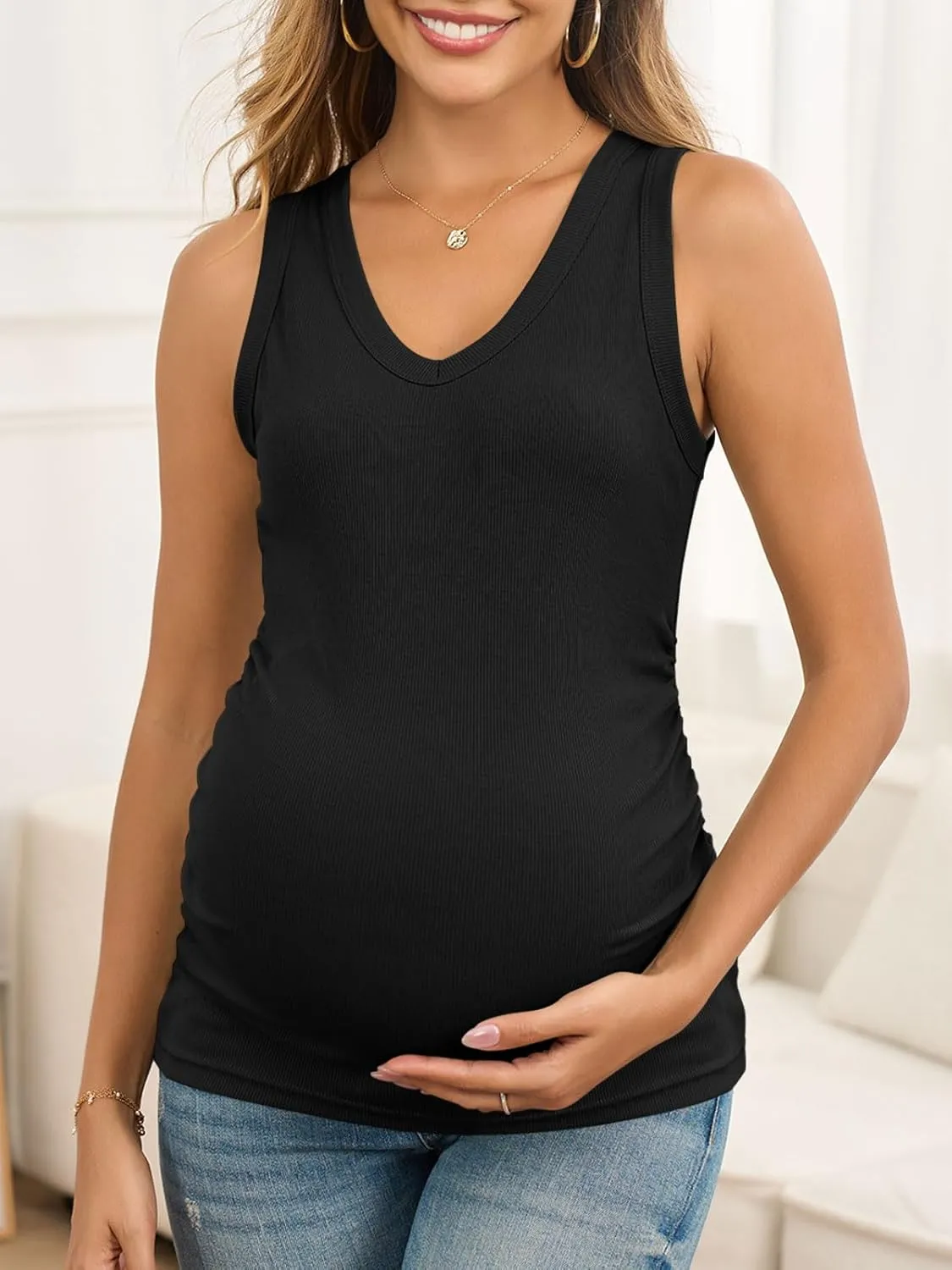 Maternity Tank Tops for Women Summer Sleeveless V Neck Ribbed Knit Slim Fitted Blouse Side Ruched Pregnancy Shirts