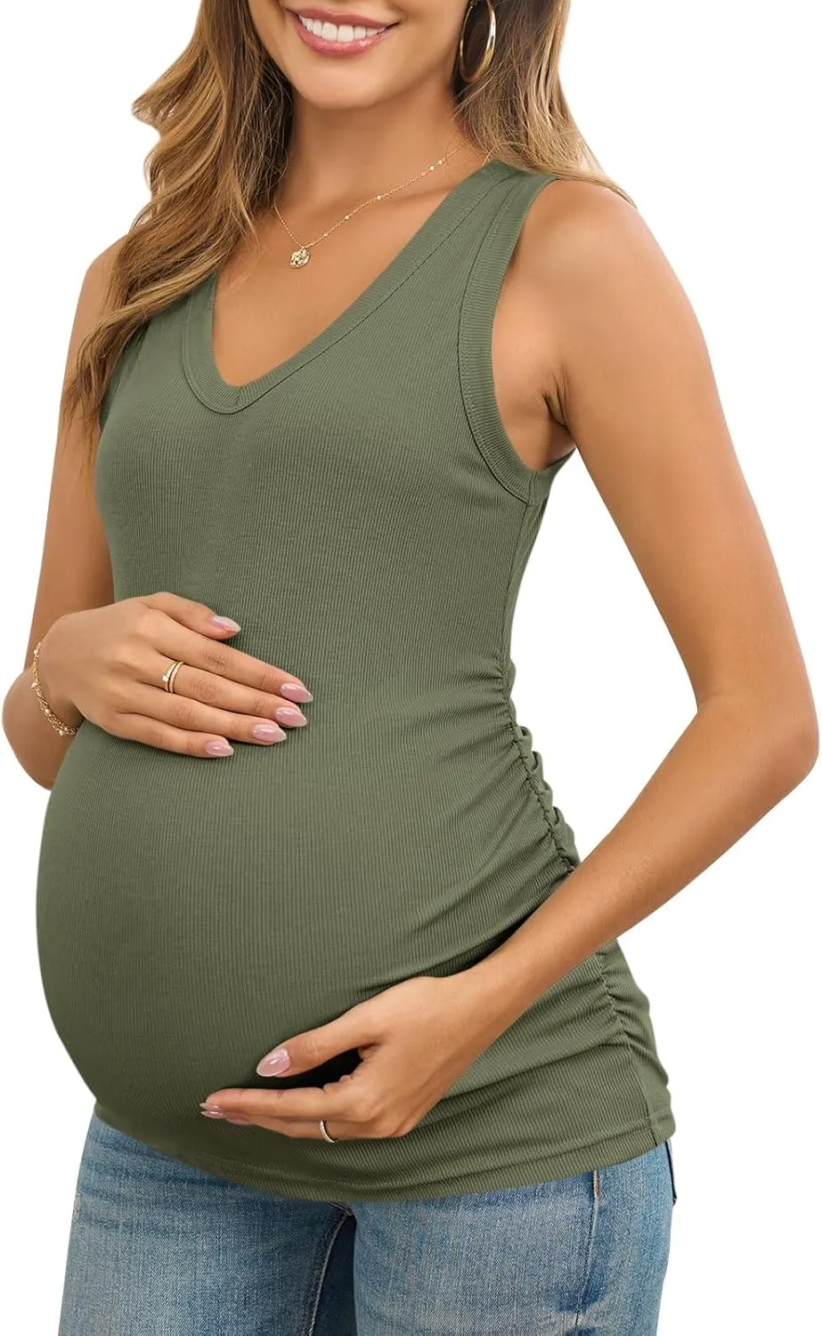 Maternity Tank Tops for Women Summer Sleeveless V Neck Ribbed Knit Slim Fitted Blouse Side Ruched Pregnancy Shirts