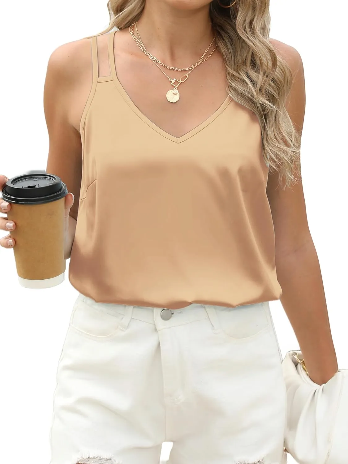 Mawor Camisole Tops for Women Summer Silk Satin V Neck Spaghetti Strap Tank Top Sleeveless Cami Blouse Shirts 2024