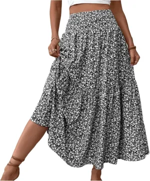 Maxi Skirts for Women Floral Boho Beach Flowy Tiered Midi Skirt High Waisted Long Skirts Drawstring A Line Skirt