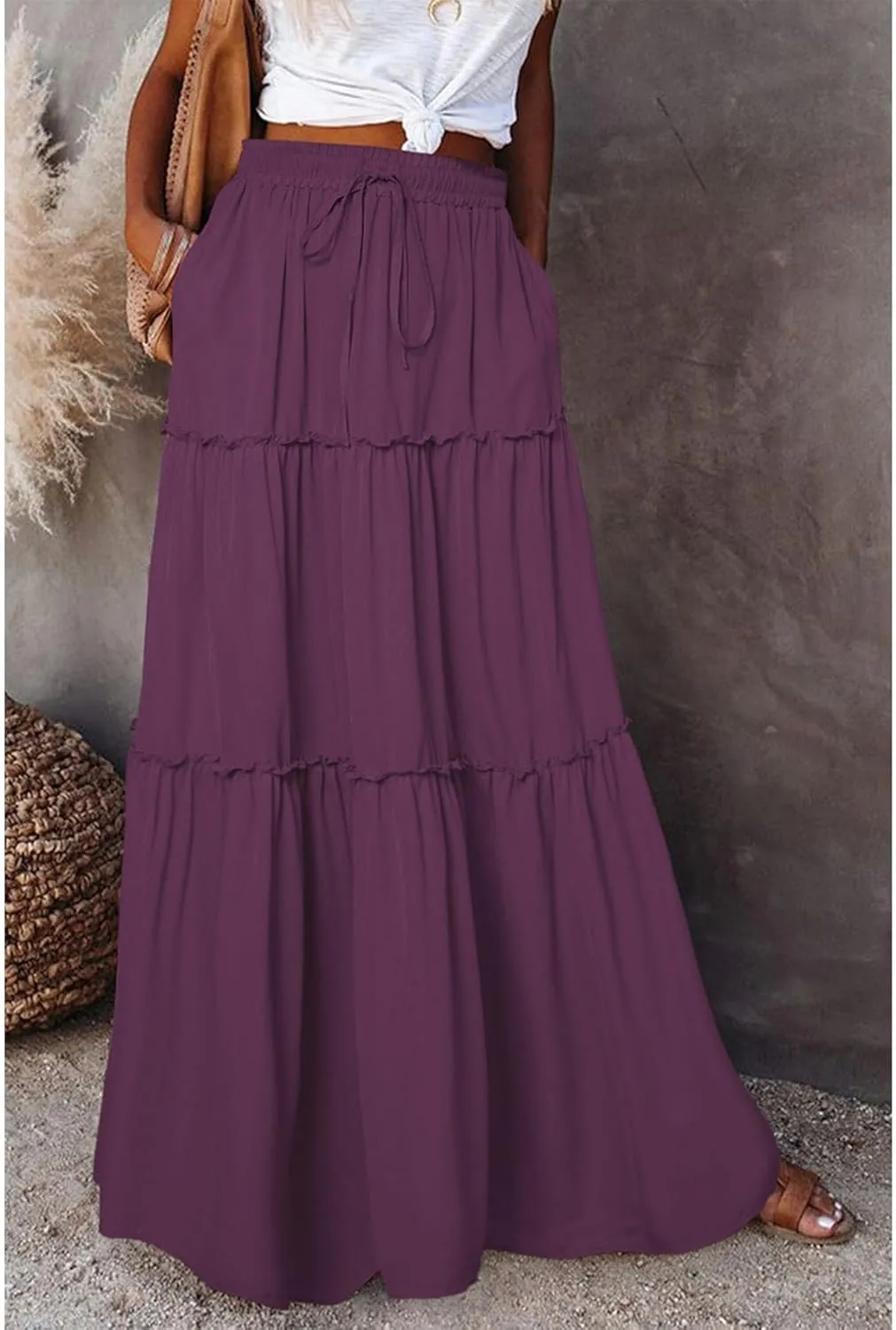 Maxi Skirts for Women High Waist Bohemian A Line Tiered Skirt Summer Casual Pleated Flowy Swing Beach Long Skirt