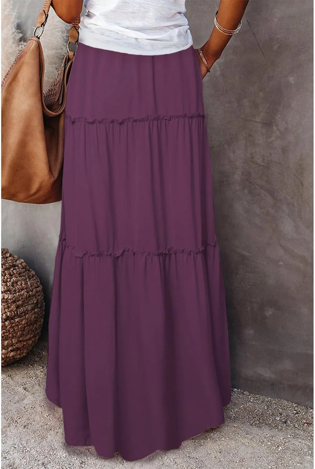 Maxi Skirts for Women High Waist Bohemian A Line Tiered Skirt Summer Casual Pleated Flowy Swing Beach Long Skirt