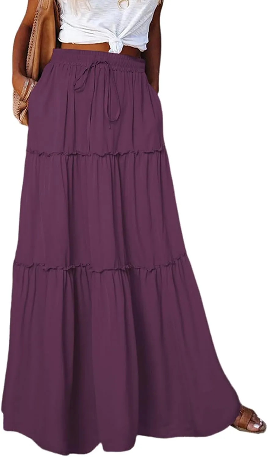 Maxi Skirts for Women High Waist Bohemian A Line Tiered Skirt Summer Casual Pleated Flowy Swing Beach Long Skirt