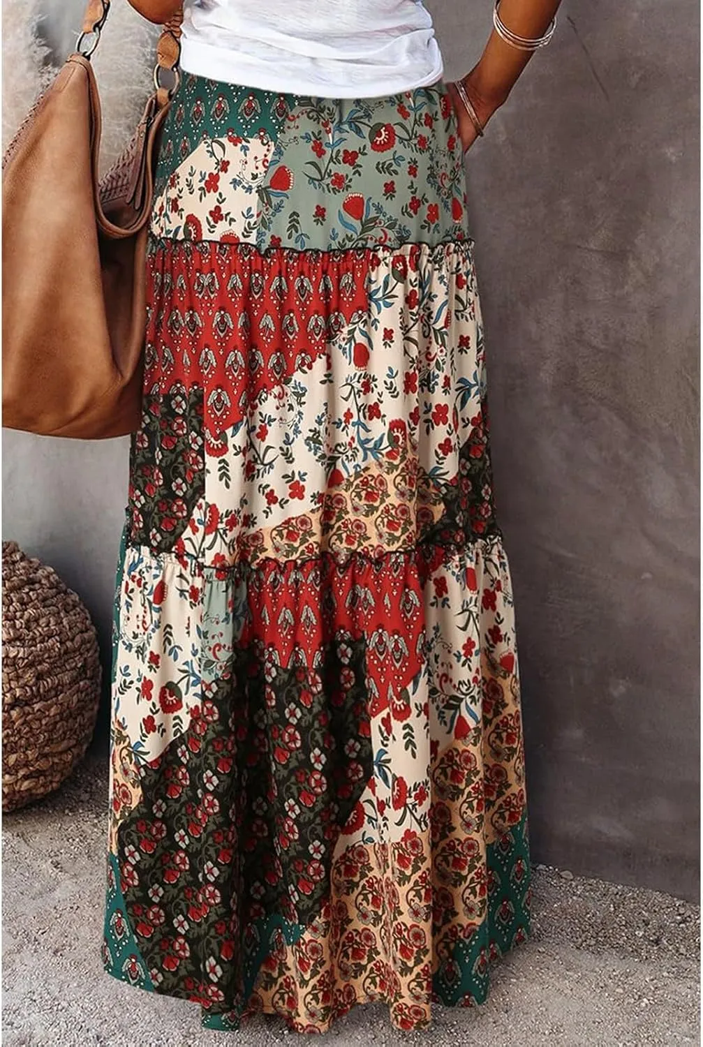Maxi Skirts for Women Summer Floral Pleated Tiered Boho Flowy Elastic Waist Aline Spring Beach Vacation Long Skirt