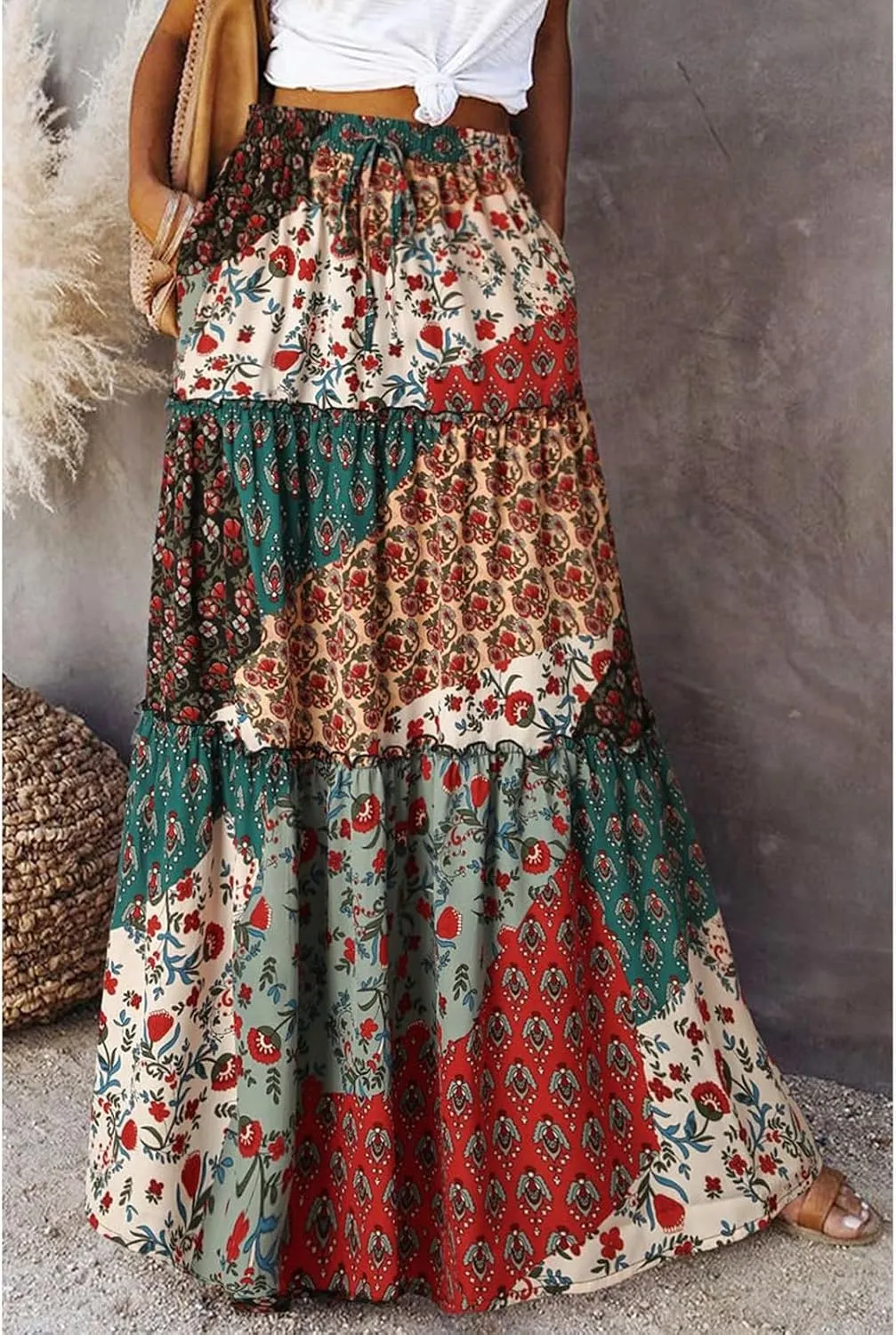 Maxi Skirts for Women Summer Floral Pleated Tiered Boho Flowy Elastic Waist Aline Spring Beach Vacation Long Skirt