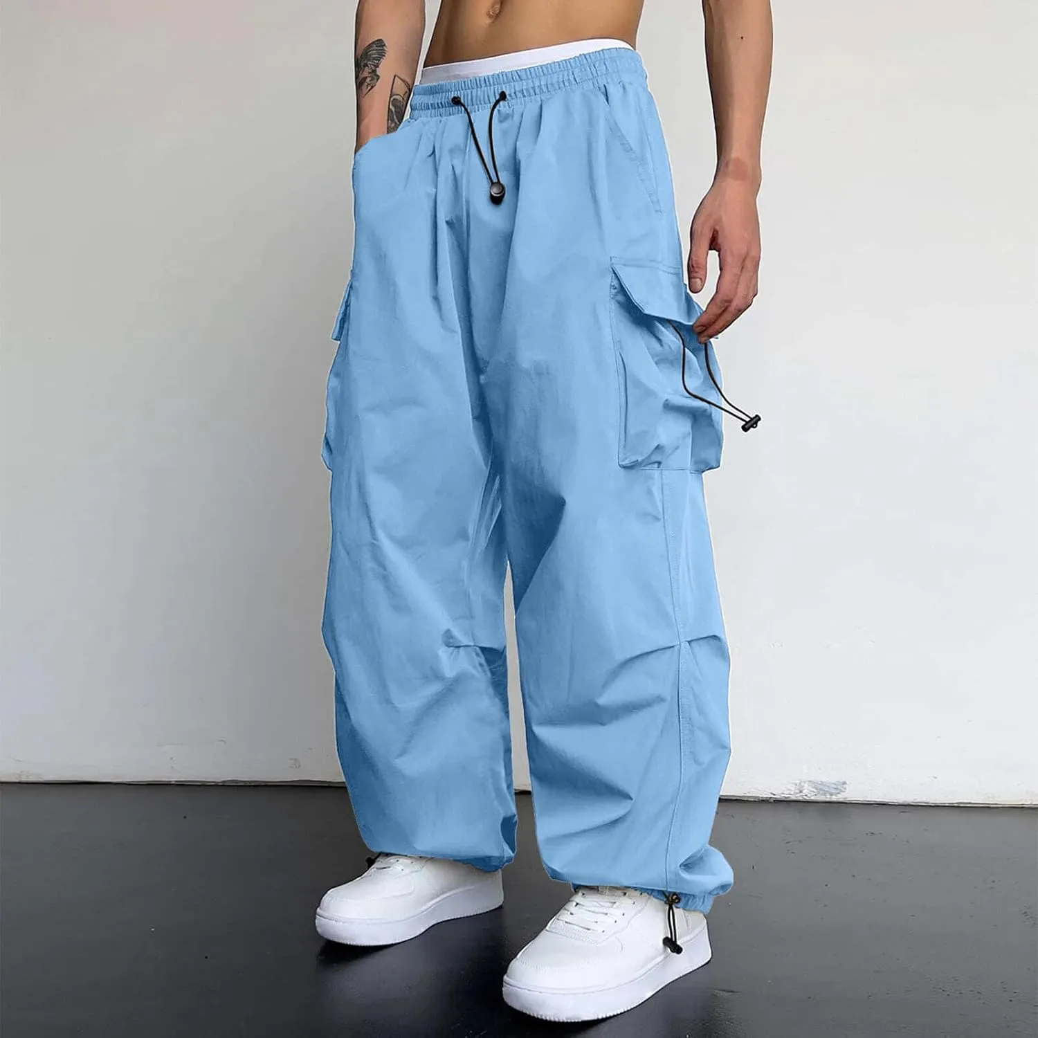 Men's Baggy Cargo Pants Casual Parachute Pant Wide Leg Loose Fit Joggers Multi Pockets