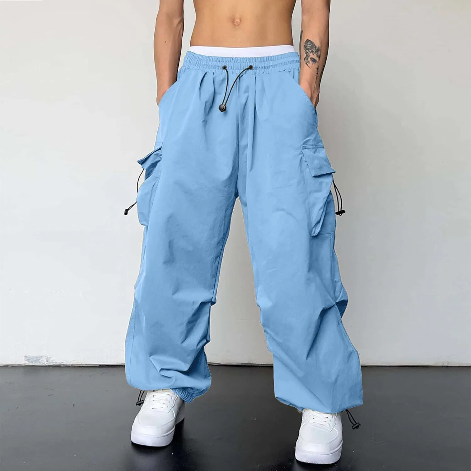 Men's Baggy Cargo Pants Casual Parachute Pant Wide Leg Loose Fit Joggers Multi Pockets