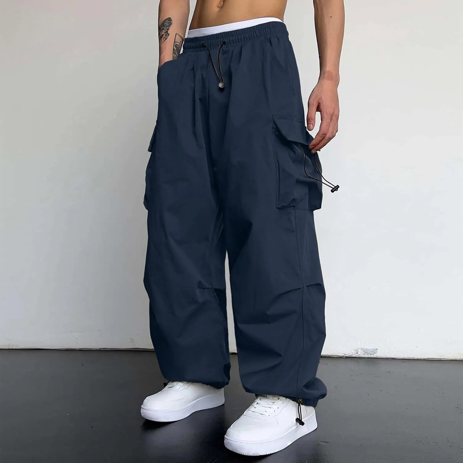 Men's Baggy Cargo Pants Casual Parachute Pants Cotton Elasticated Loose Fit Streetwear Multi Pockets