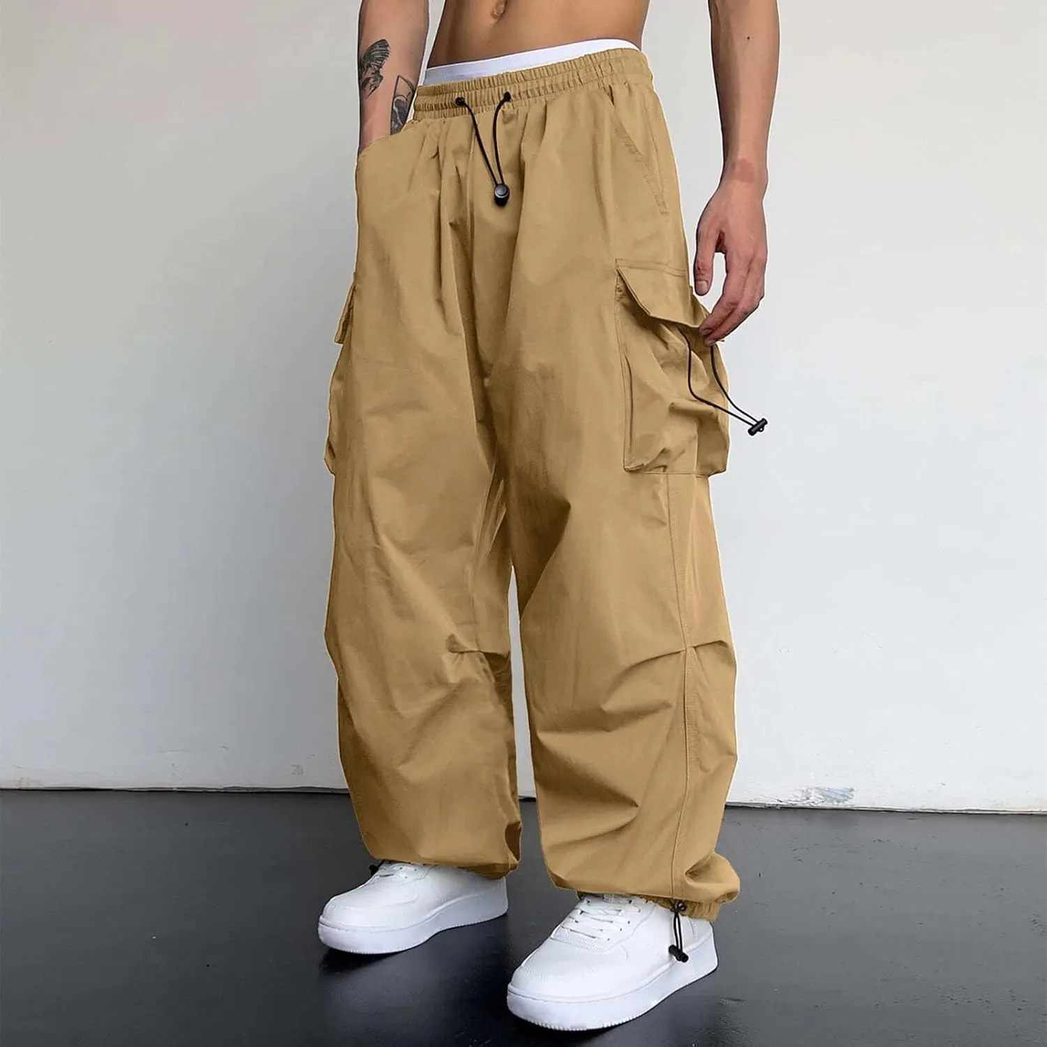 Men's Baggy Cargo Pants Trendy Casual Parachute Pant Elastic Waist Loose Fit Streetwear Multi Pockets