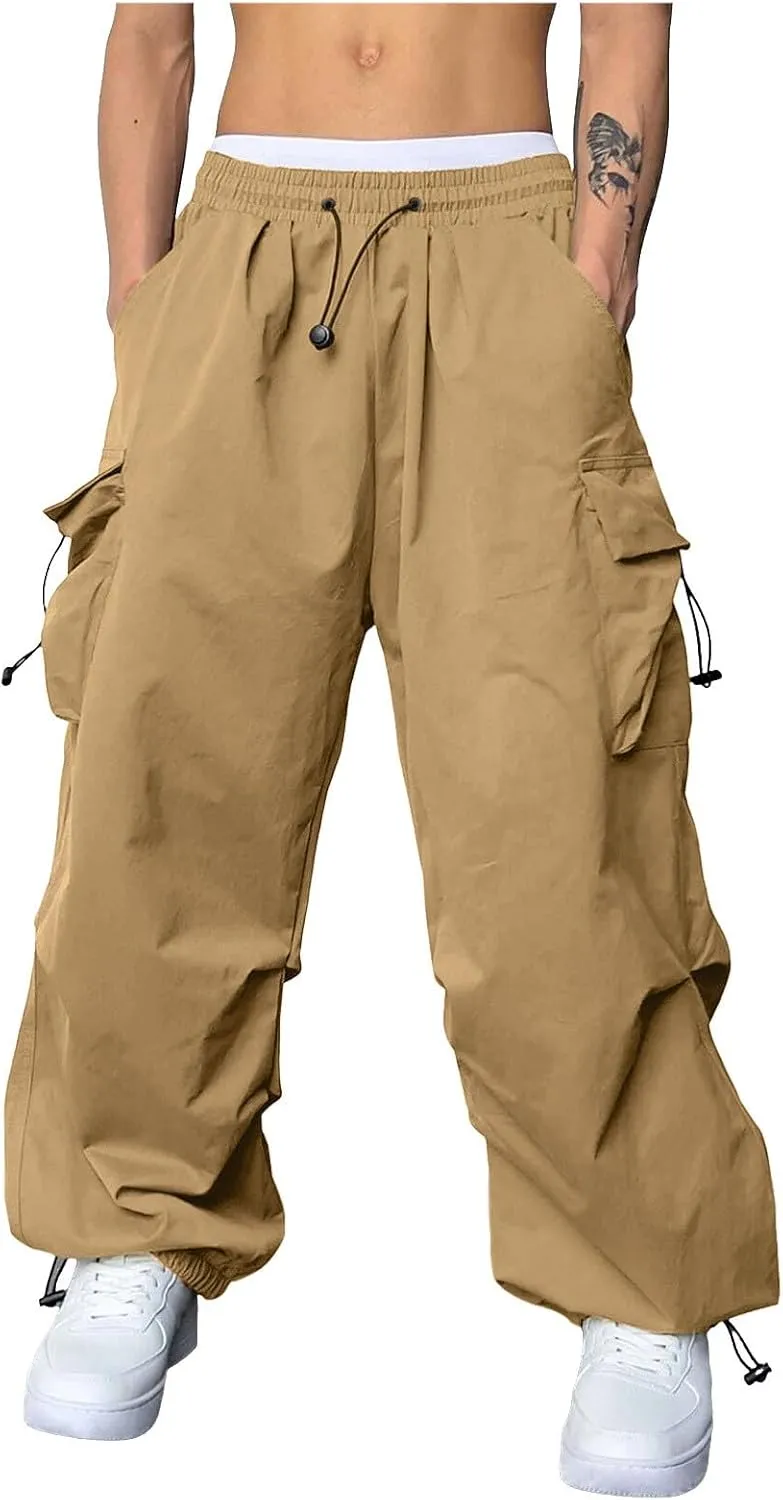 Men's Baggy Cargo Pants Trendy Casual Parachute Pant Elastic Waist Loose Fit Streetwear Multi Pockets