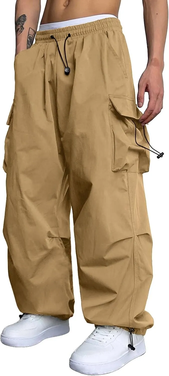 Men's Baggy Cargo Pants Trendy Casual Parachute Pant Elastic Waist Loose Fit Streetwear Multi Pockets