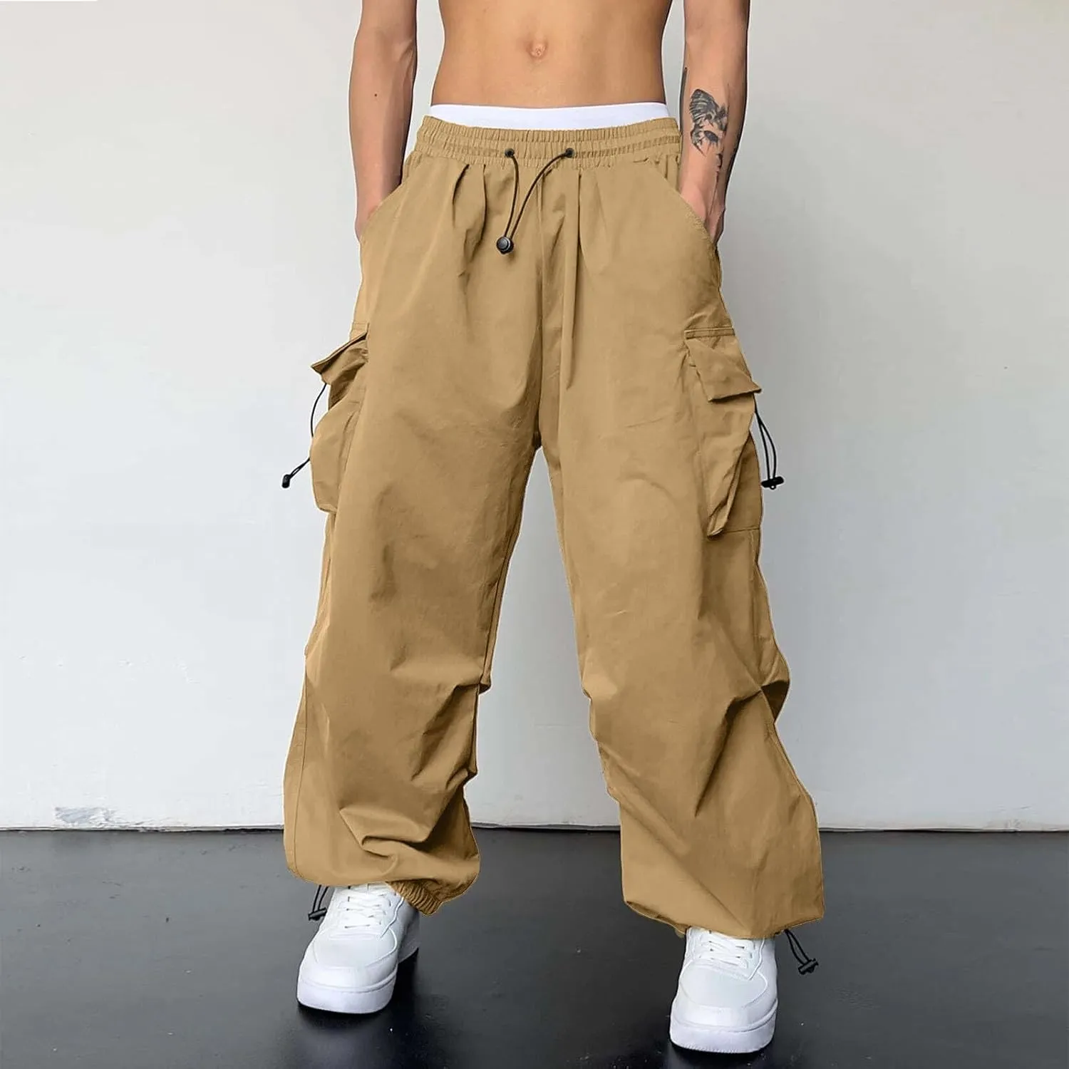 Men's Baggy Cargo Pants Trendy Casual Parachute Pant Elastic Waist Loose Fit Streetwear Multi Pockets