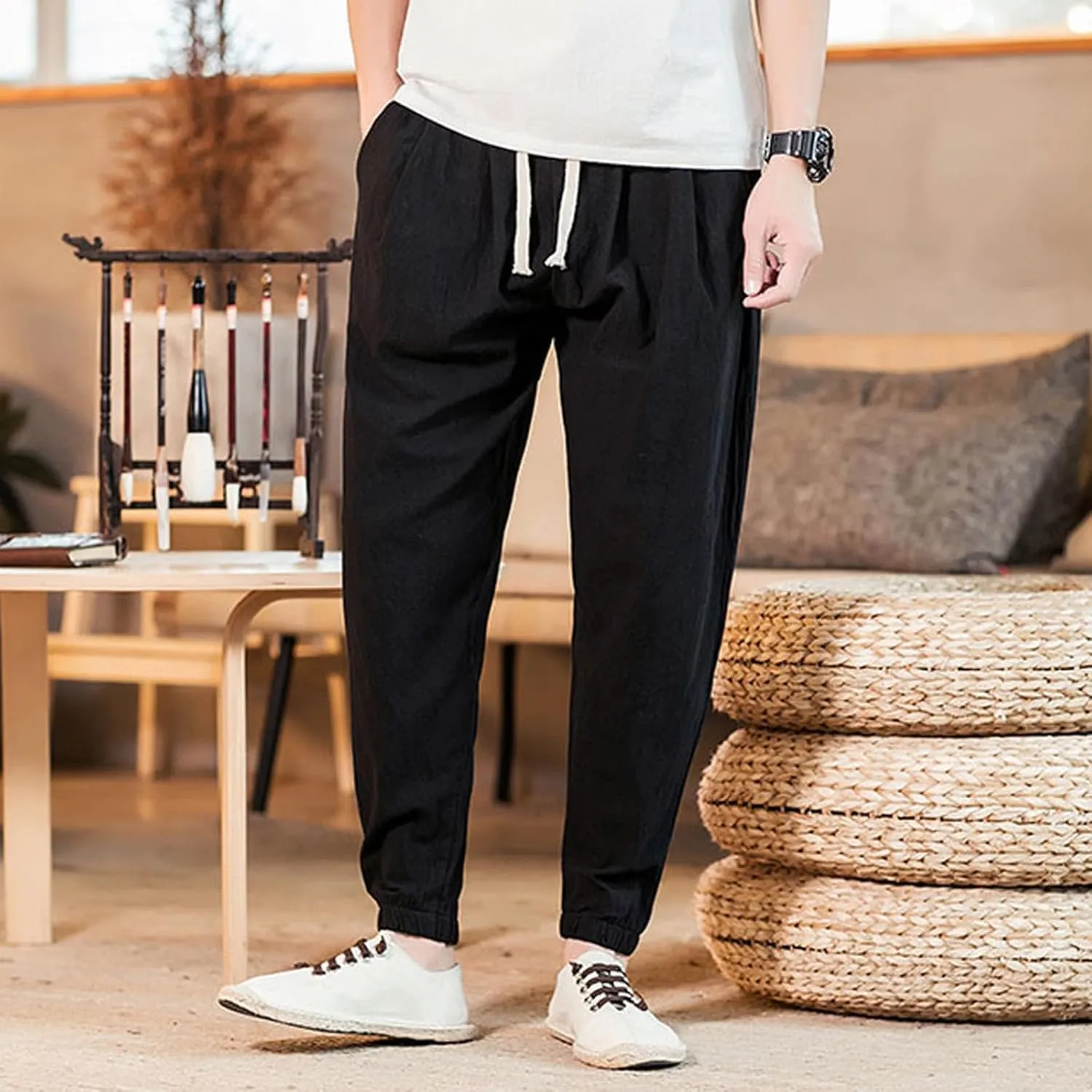 Mens Casual Cotton Linen Pants Big and Tall Elastic Drawstring Waist Pant Loose Comfy Summer Beach Pants Cinch Bottom