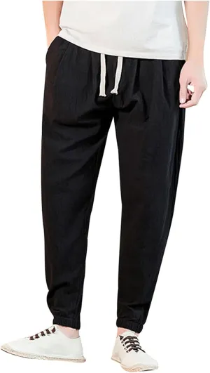 Mens Casual Cotton Linen Pants Big and Tall Elastic Drawstring Waist Pant Loose Comfy Summer Beach Pants Cinch Bottom