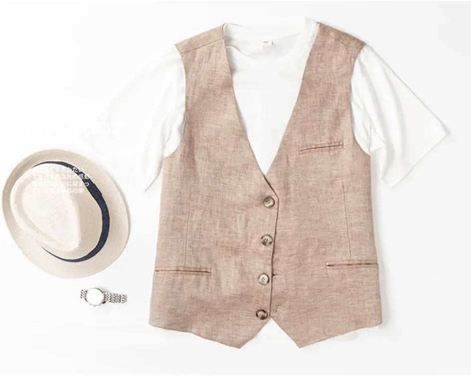 Men's Casual Linen Vest Vintage V-Neck Vest Dress Summer Beach Wedding Linen Waistcoat
