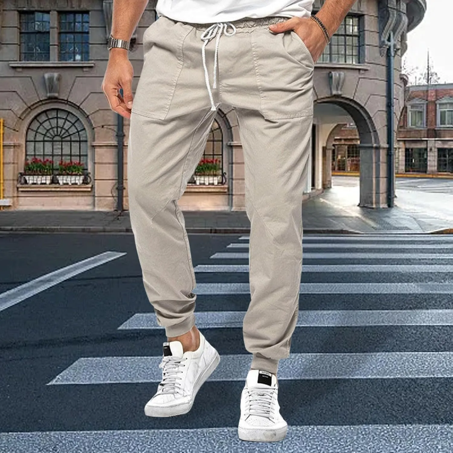 Mens Casual Pants Cotton Chino Cargo Pants for Hiking Outdoor Recreation Drawstring Sweatpants Twill Track Jogging for Men