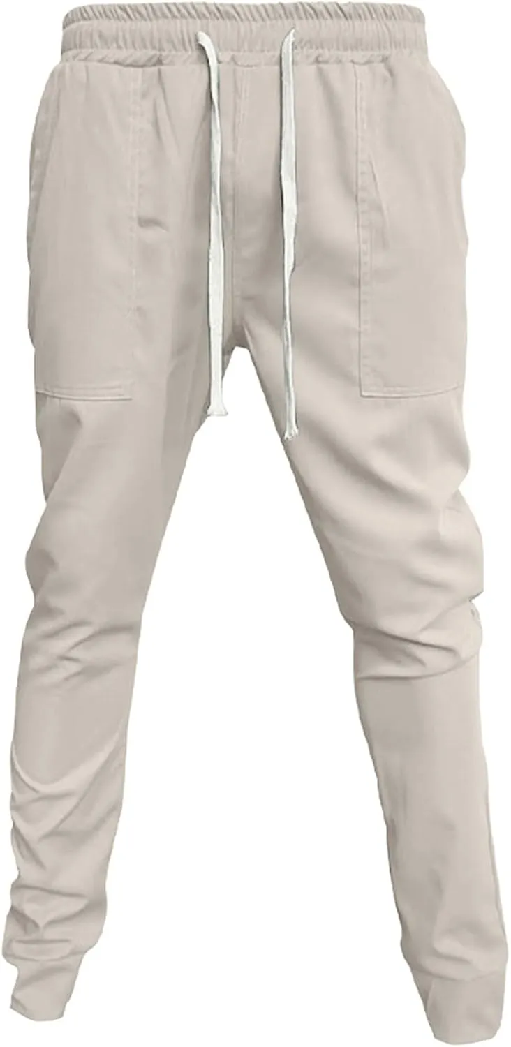 Mens Casual Pants Cotton Chino Cargo Pants for Hiking Outdoor Recreation Drawstring Sweatpants Twill Track Jogging for Men