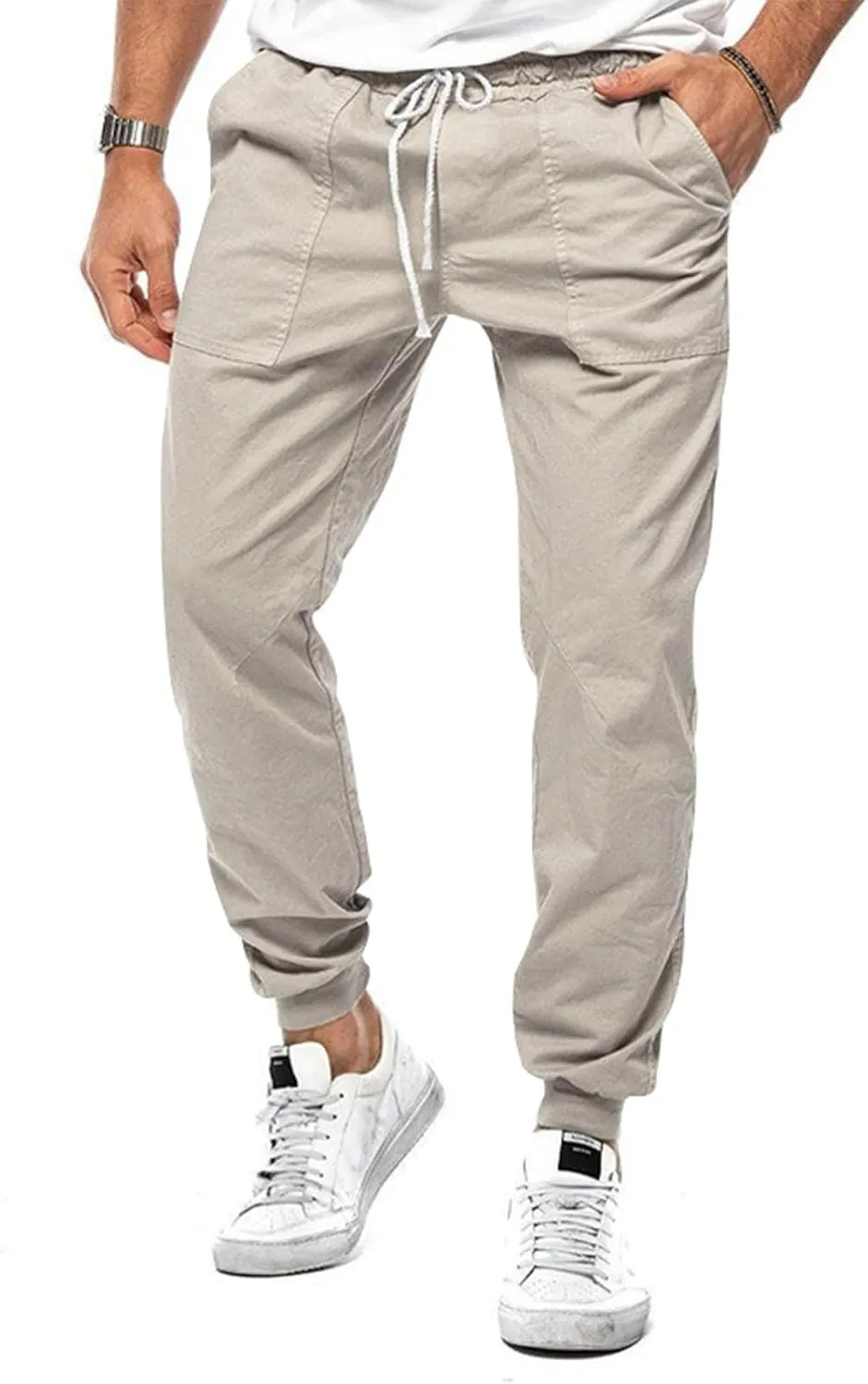 Mens Casual Pants Cotton Chino Cargo Pants for Hiking Outdoor Recreation Drawstring Sweatpants Twill Track Jogging for Men