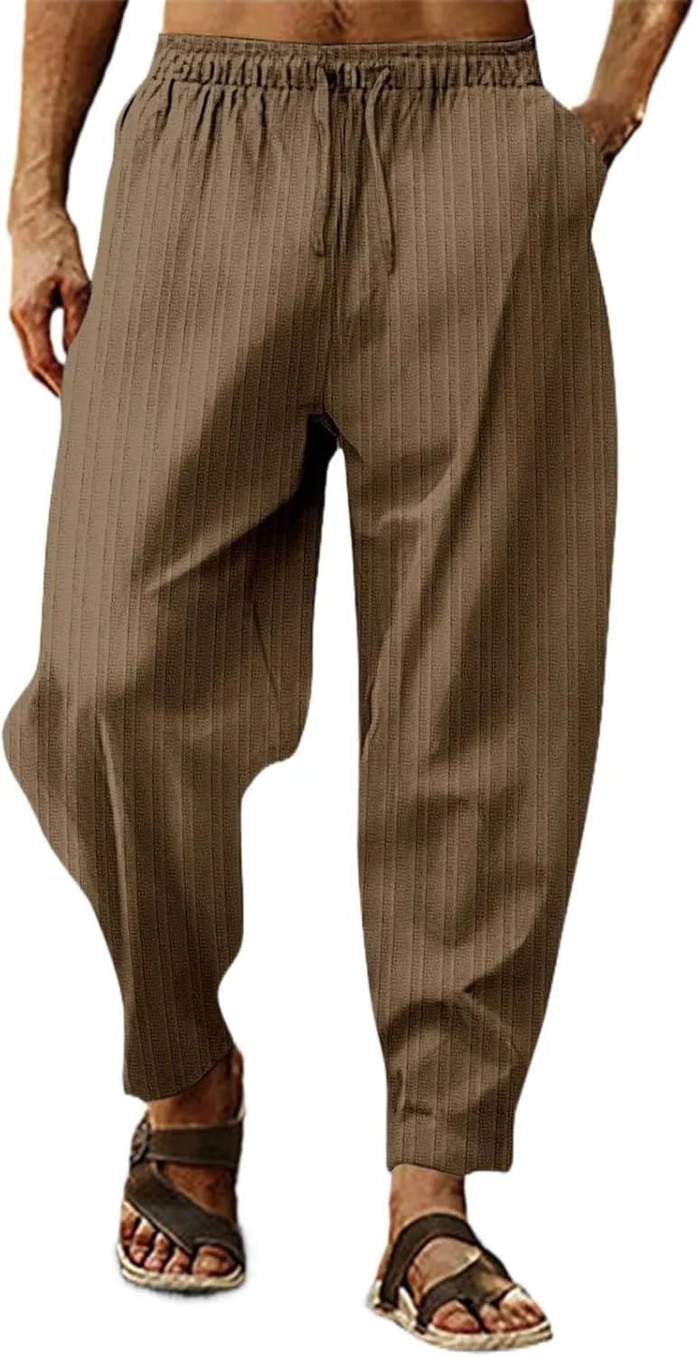 Men's Cotton Linen Harem Pants Loose Elastic Waist Lightweight Yoga Beach Pants Casual Cropped Trousers with Pockets