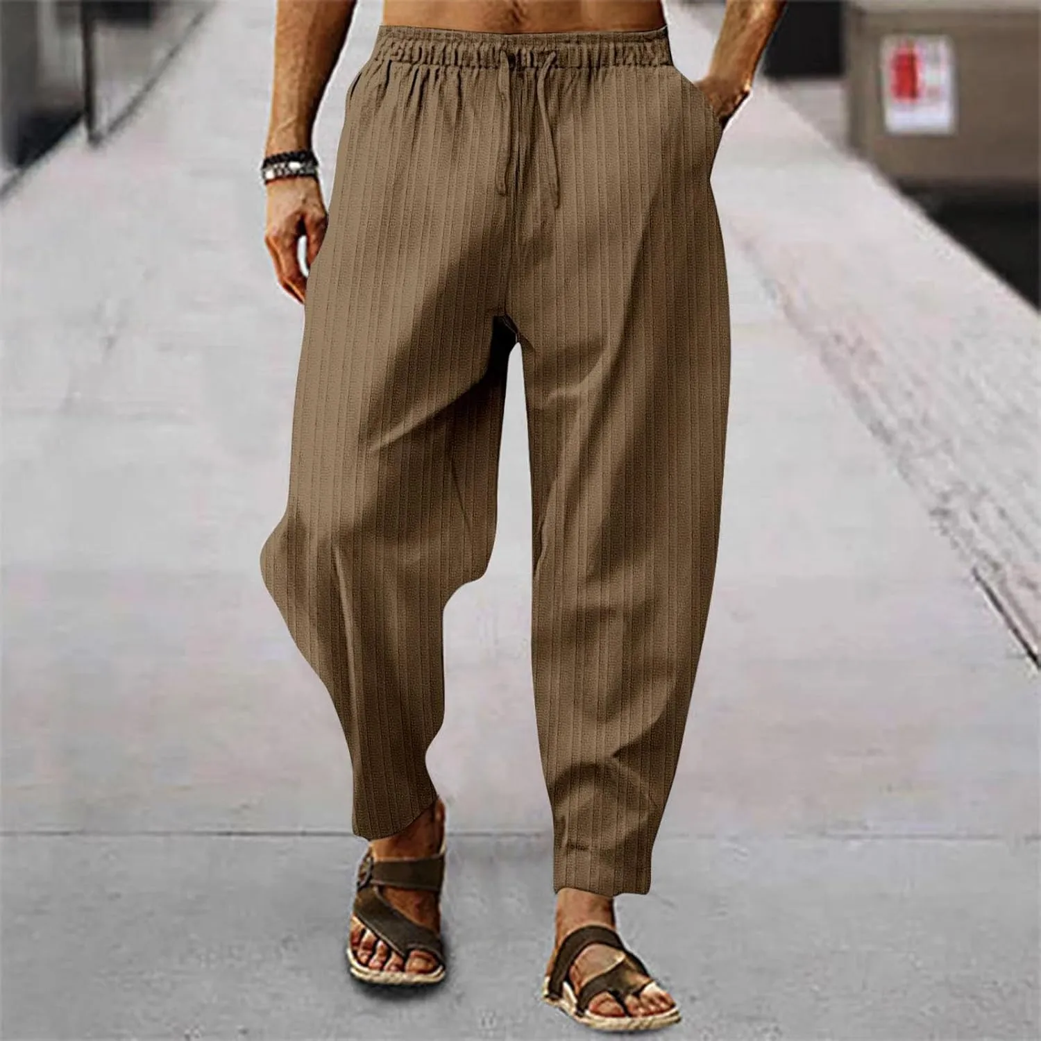 Men's Cotton Linen Harem Pants Loose Elastic Waist Lightweight Yoga Beach Pants Casual Cropped Trousers with Pockets