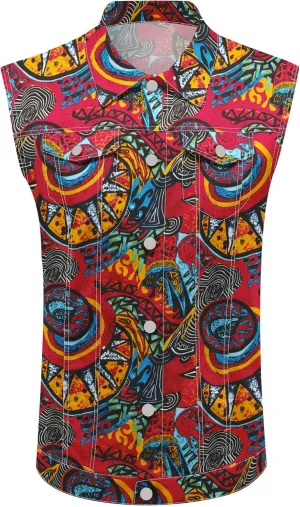 Men's Denim Vest Sleeveless Casual Jean Vest Button Camouflage Print Jacket Outerwear Vest