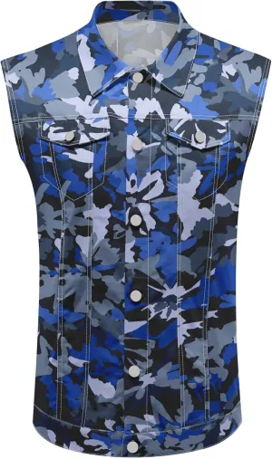 Men's Denim Vest Sleeveless Casual Jean Vest Button Camouflage Print Jacket Outerwear Vest