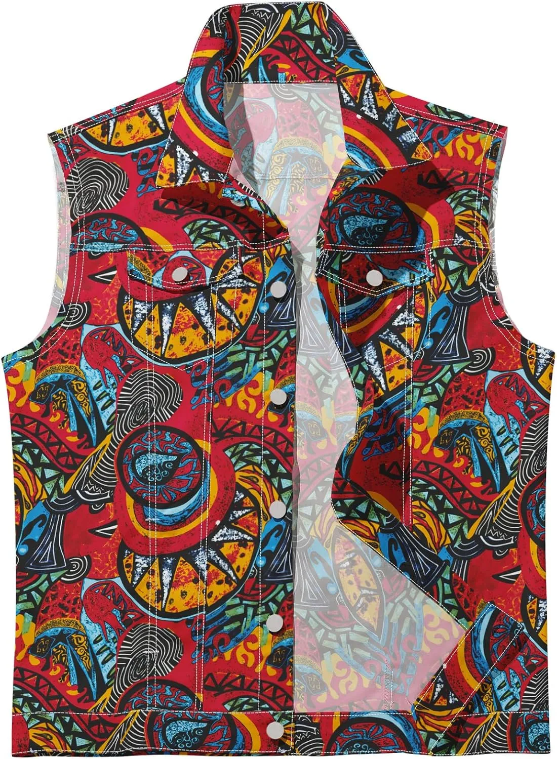 Men's Denim Vest Sleeveless Casual Jean Vest Button Camouflage Print Jacket Outerwear Vest