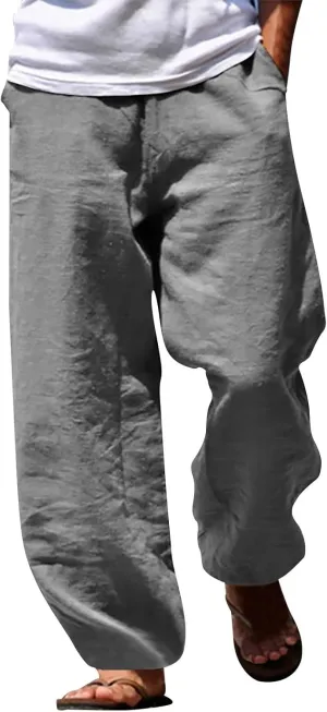 Men's Drawstring Linen Pants Casual Loose Fit Summer Stylish Yoga Pants Elastic Waist Trendy Trousers with Pockets