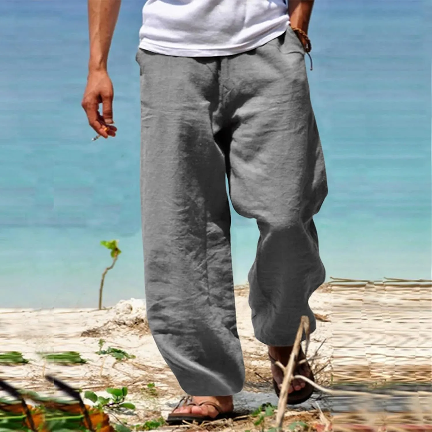 Men's Drawstring Linen Pants Casual Loose Fit Summer Stylish Yoga Pants Elastic Waist Trendy Trousers with Pockets