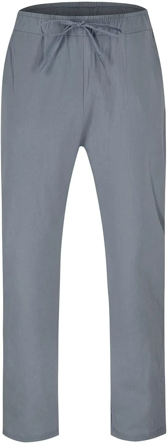 Men's Drawstring Linen Pants Casual Loose Fit Summer Stylish Yoga Pants Elastic Waist Trendy Trousers with Pockets