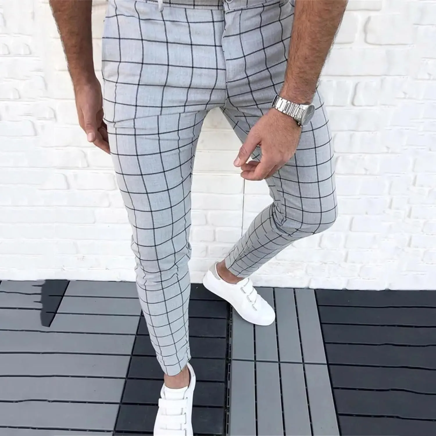 Mens Dress Pants Slim Fit Plaid Flat-Front Stretch Chino Pant Business Work Casual Tapered Leg Trousers with Pockets