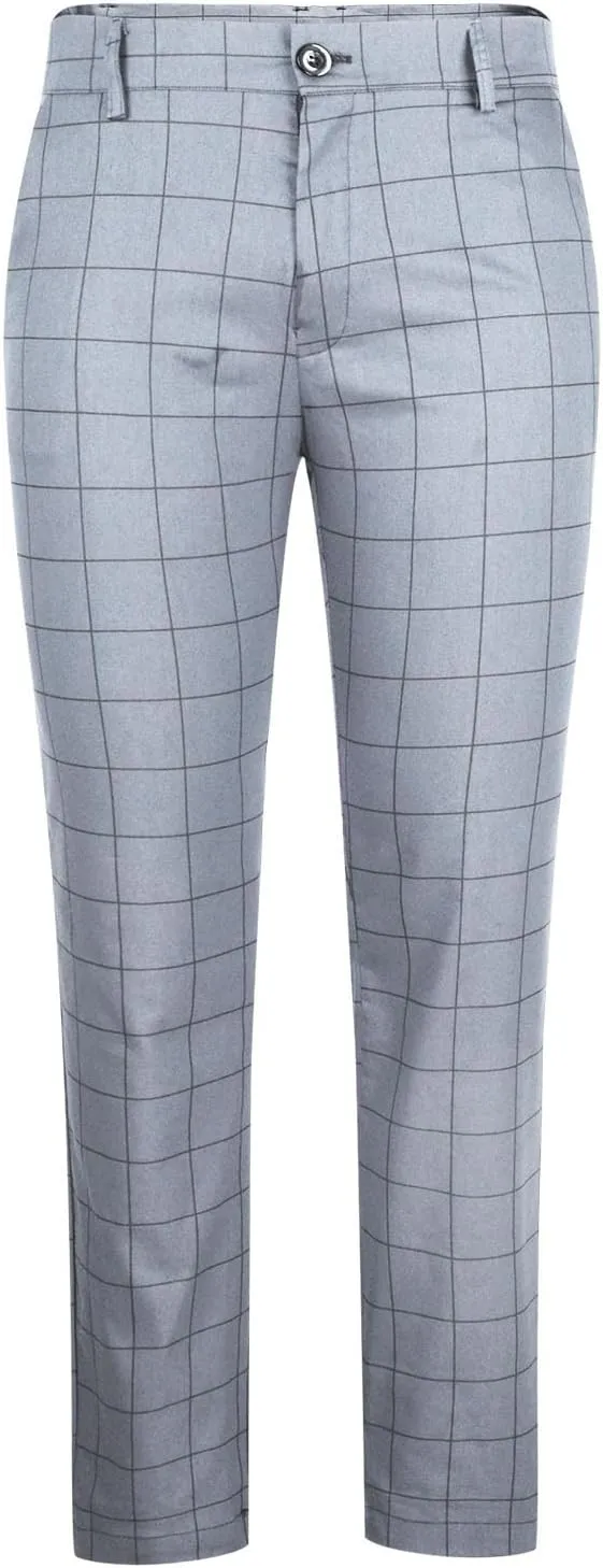 Mens Dress Pants Slim Fit Plaid Flat-Front Stretch Chino Pant Business Work Casual Tapered Leg Trousers with Pockets