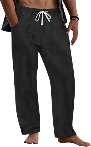 Men's Frayed Raw Pants Lightweight Ripped Elastic Waist Drawstring Pant Loose Outdoor Casual Beach Yoga Trousers