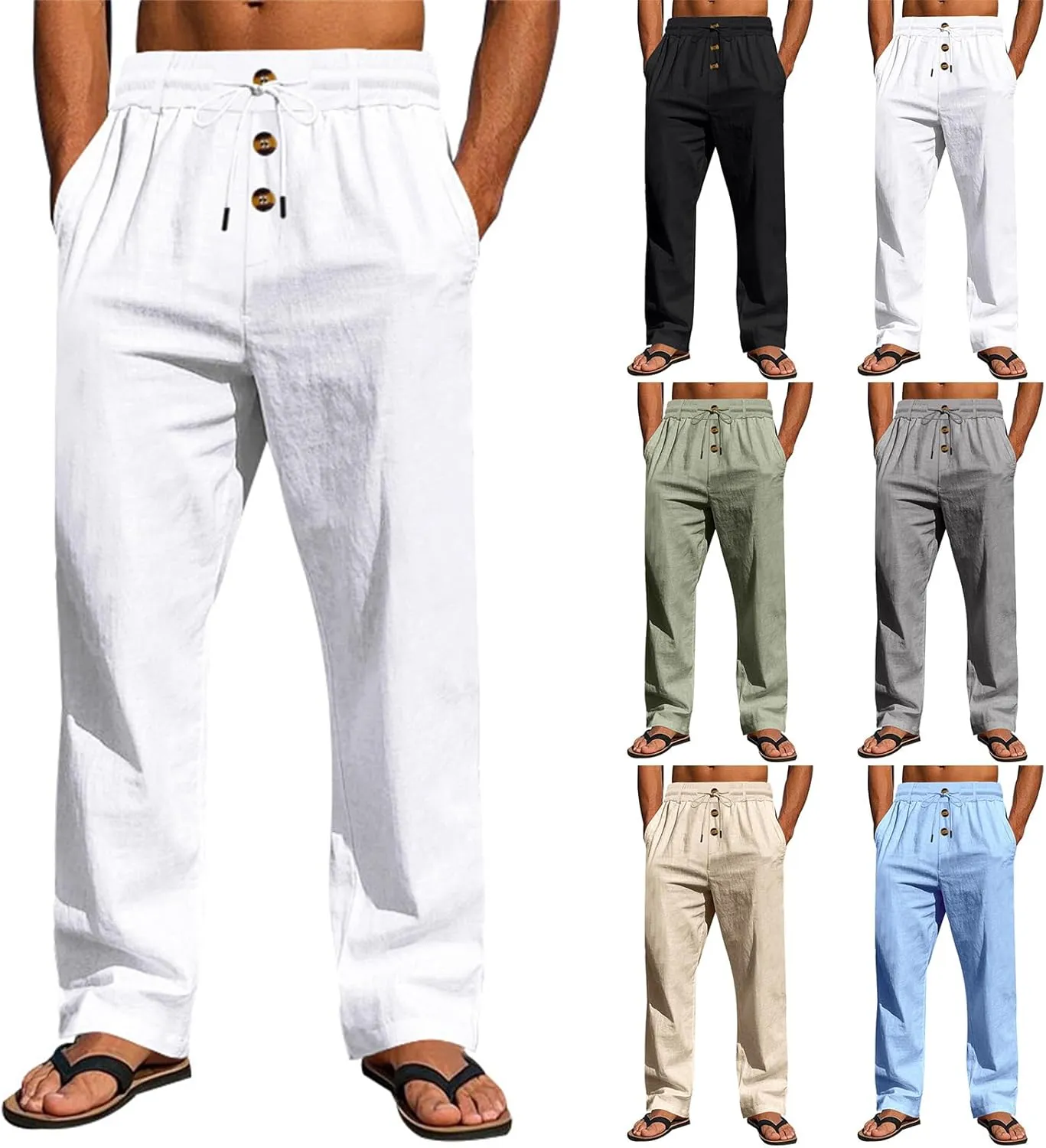 Men's Linen Pants Casual Fashion Buttons Loose Breathable Beach Summer Pant Sports Trousers