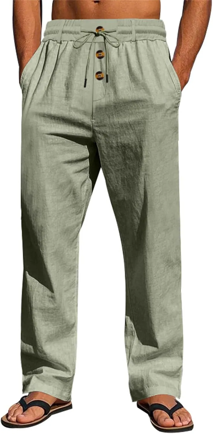 Men's Linen Pants Casual Fashion Buttons Loose Breathable Beach Summer Pant Sports Trousers
