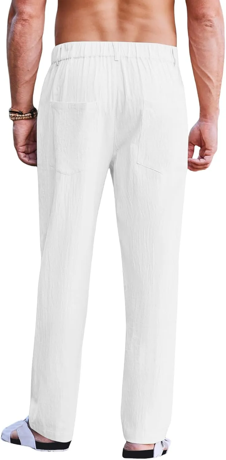 Men's Linen Pants Double Fold Elastic Waist Loose Breathable Solid Color Straight Beach Pants