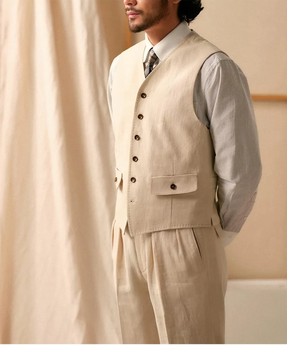 Men's Linen Vest Vintage Formal Waistcoat Regular Fit Spring Summer Lightweight Linen Waistcoat