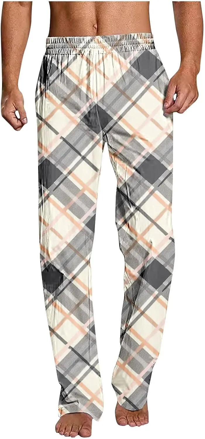 Mens Pajama Pants Trendy Plaid Print Home Pants Elastic Waist Casual Pants Lightweight Straight Leg Slim Fit Trousers
