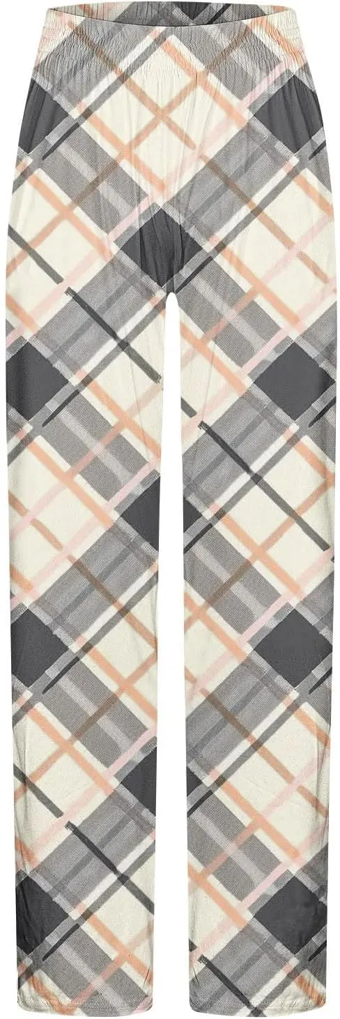 Mens Pajama Pants Trendy Plaid Print Home Pants Elastic Waist Casual Pants Lightweight Straight Leg Slim Fit Trousers