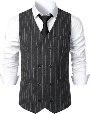 Mens Pinstripe Business Suit Vest Slim Fit Formal Dress Tuxedo Waistcoat Double-Breasted Stripes Wedding Dress Vest